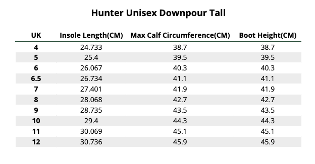 2026 Hunter Unisex Downpour Tall  Size Chart